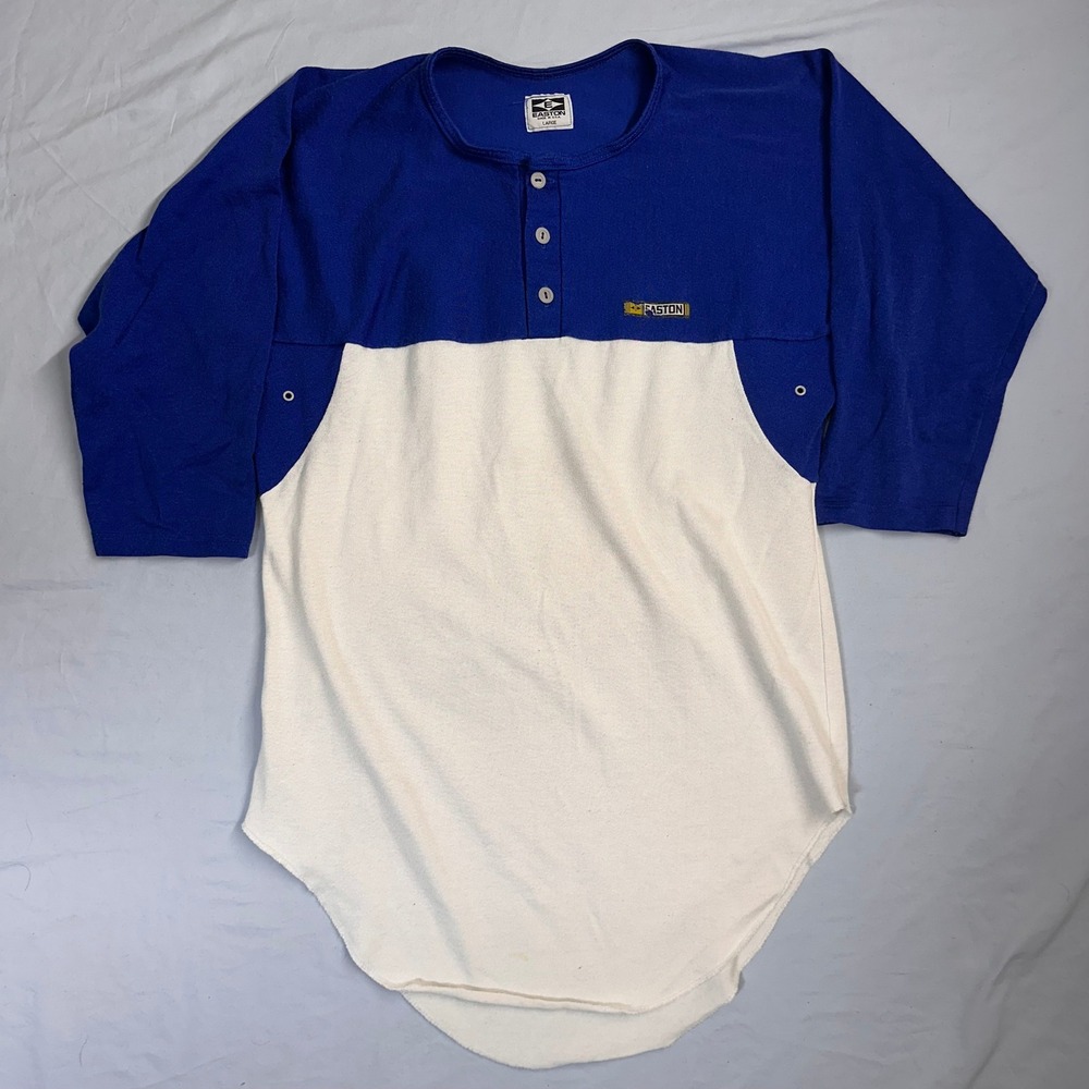 Vintage Easton Baseball 3/4 Sleeve Shirt Mens Large Blue White Button‎ Up